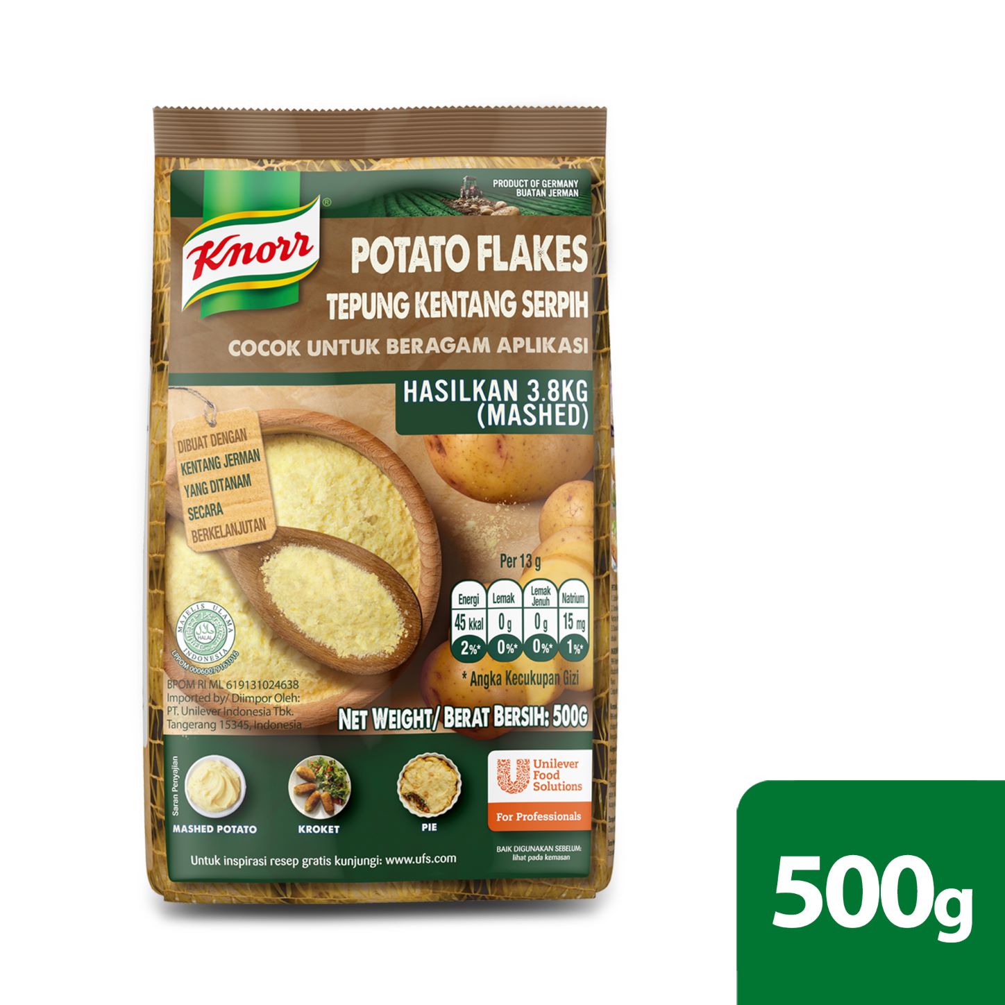 Knorr Potato Flakes 500g - Knorr Potato Flakes memberi Anda kentang berkualitas hanya sekali kupas, untuk membuat 3.75kg kentang tumbuk.